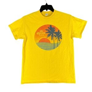 Corona Extra Mens M Graphic Shirt Sunset Palm Tree Circle Logo Yellow Beer Promo